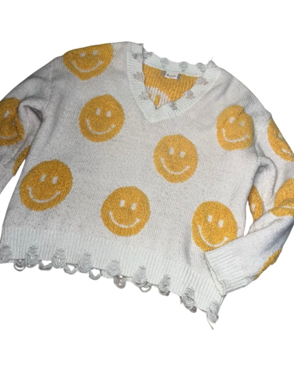 Altar’d state cream yellow smiley face happy distressed sweater oversized xs